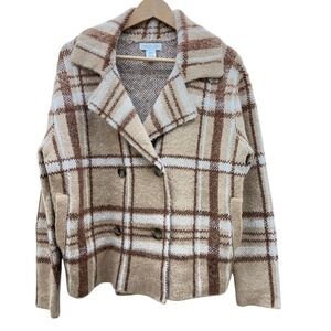 Rachel Zoe Plaid Knit Jacket Beige Brown Double Breasted‎ Coat Size M Oversized